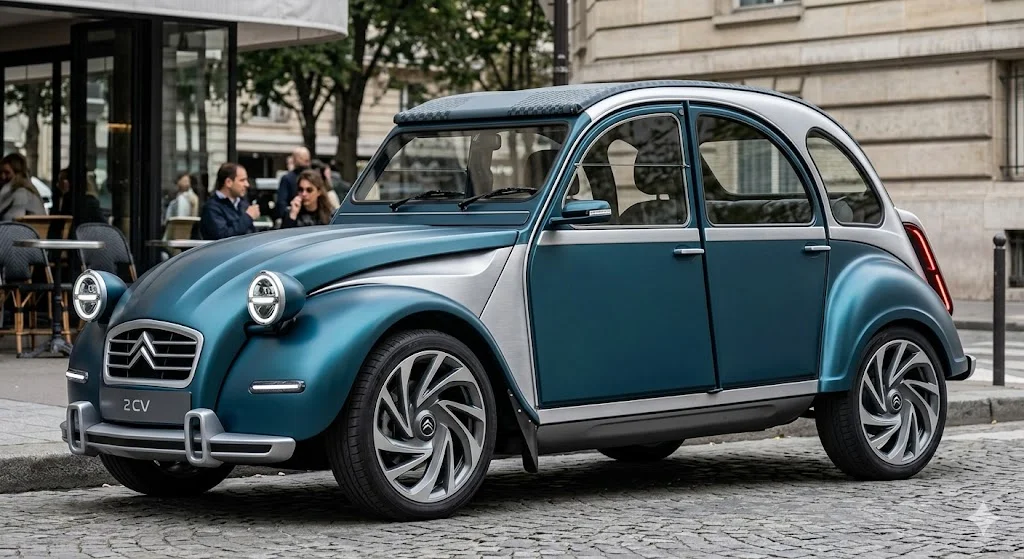 Illustration d'un concept-car Citroën 2 CV moderne et électrique, couleur bleu mat et argent, stationné dans une rue pavée de Paris