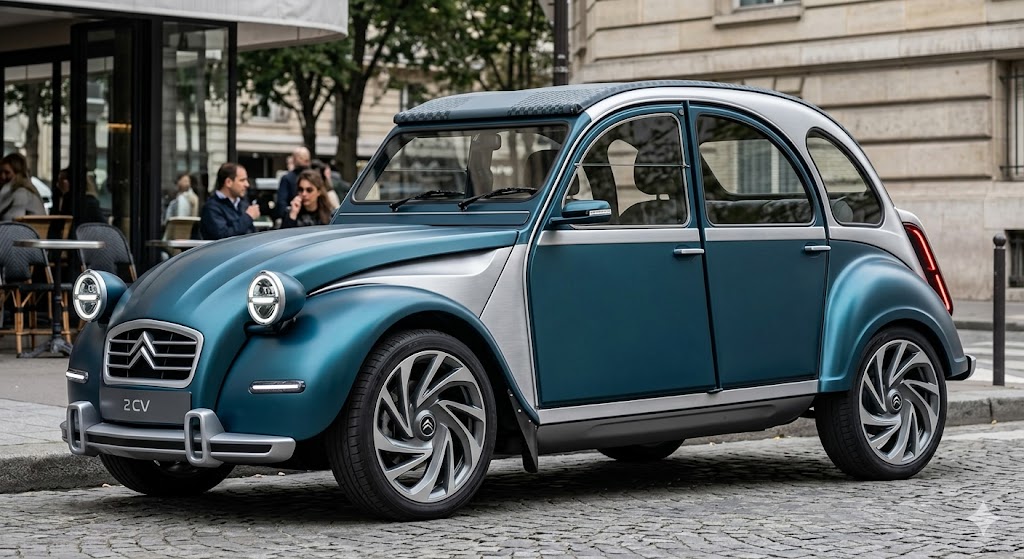 Illustration d'un concept-car Citroën 2 CV moderne et électrique, couleur bleu mat et argent, stationné dans une rue pavée de Paris