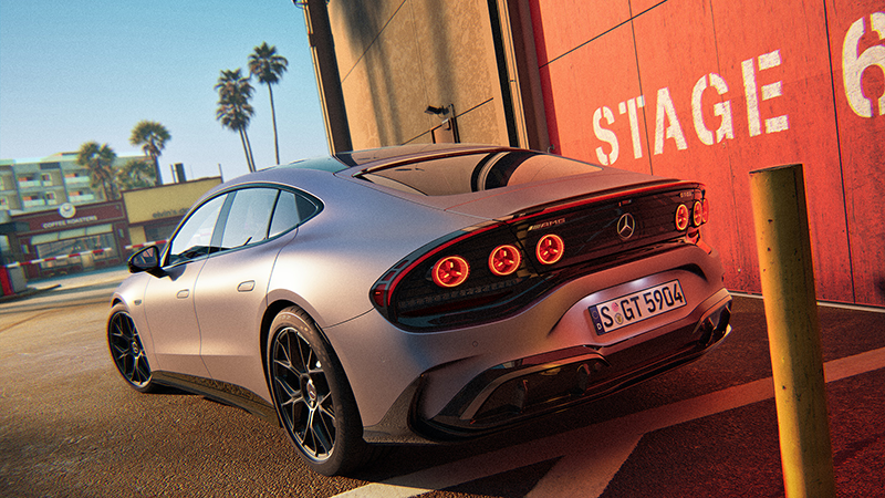 Mercedes AMG GT 53 Coupé  4 portes vue arrière contre un mur