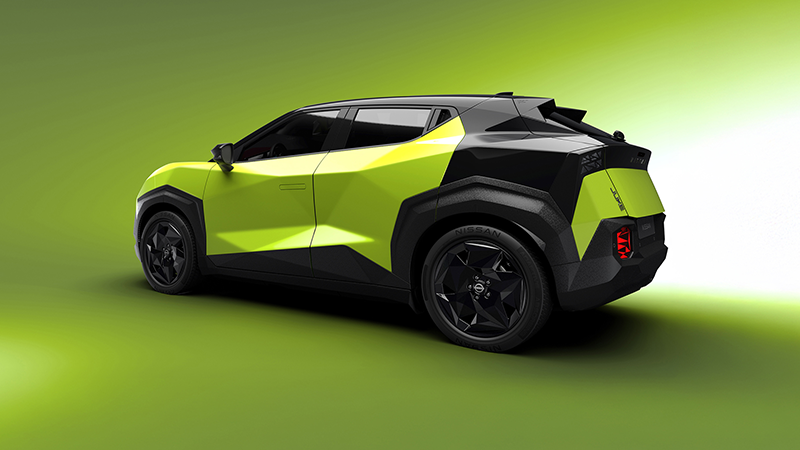 Lignes de fuite et signature lumineuse arrière du nouveau Nissan Juke électrique, soulignant son design de crossover compact aérodynamique pour 2027.