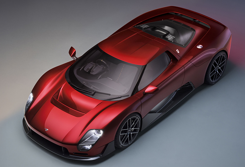 Prototype McLaren rouge métallisé, vue de haut.