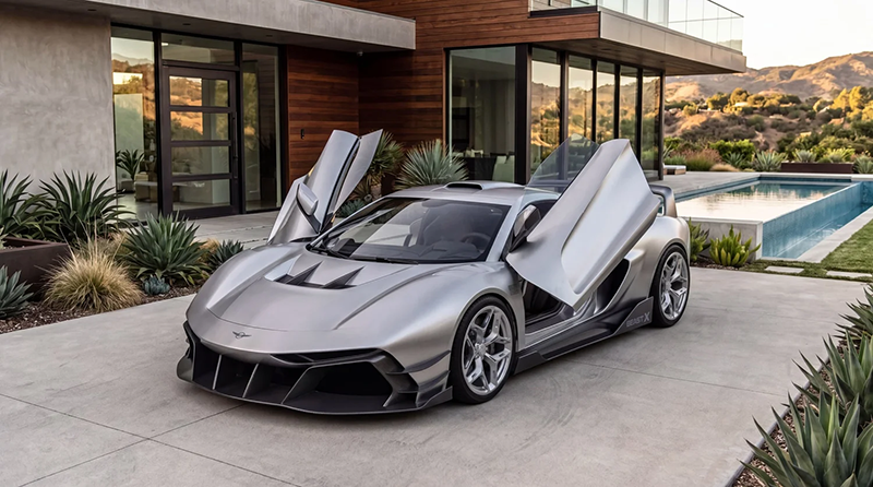 Rezvani Beast X gris mat avec ses portes en élytre ouvertes, garée devant une villa moderne avec piscine.