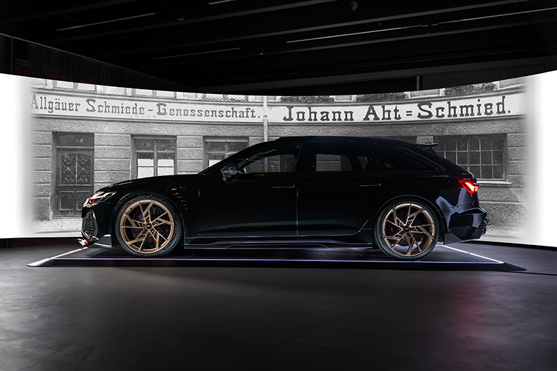 Profil Audi RS6 ABT Legacy Edition 800 ch vue latérale avec jantes forgées et inserts carbone bas de caisse.