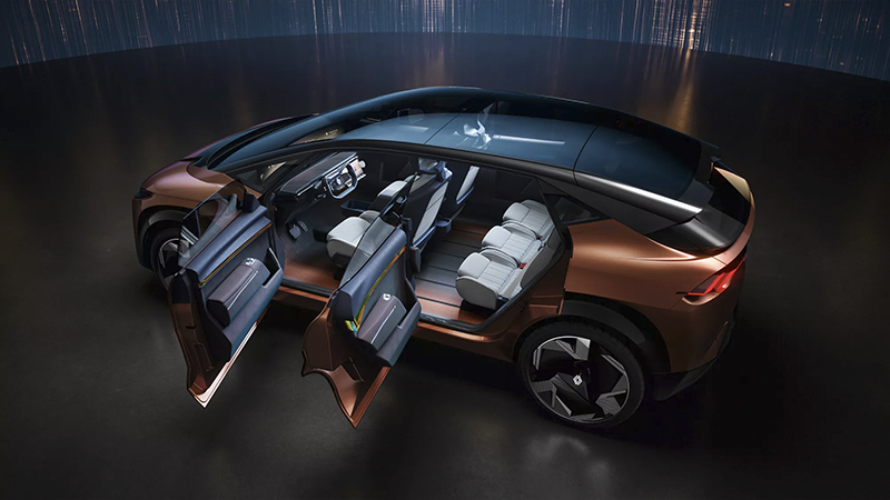 Intérieur modulable Renault R-Space Lab avec écran panoramique incurvé openR et sièges coulissants innovants.