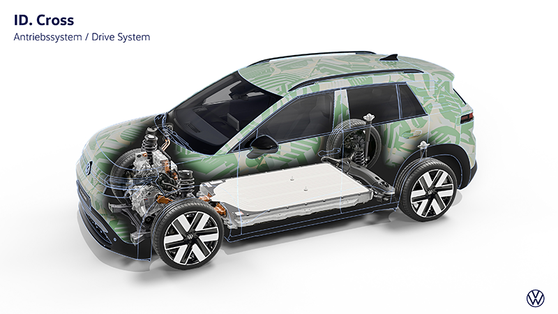 Architecture plateforme MEB Volkswagen ID. Cross 2026 montrant la batterie haute tension