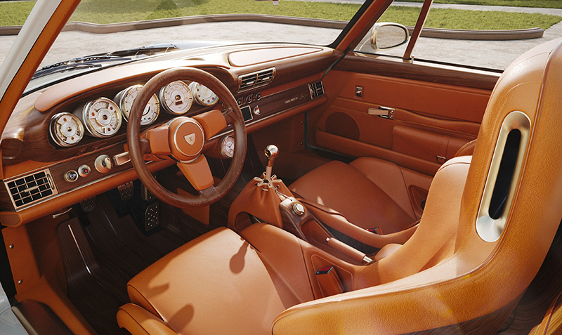 Intérieur sur mesure d'une Porsche 911 Singer en cuir marron naturel, inserts en bois, compteurs dorés et volant en bois